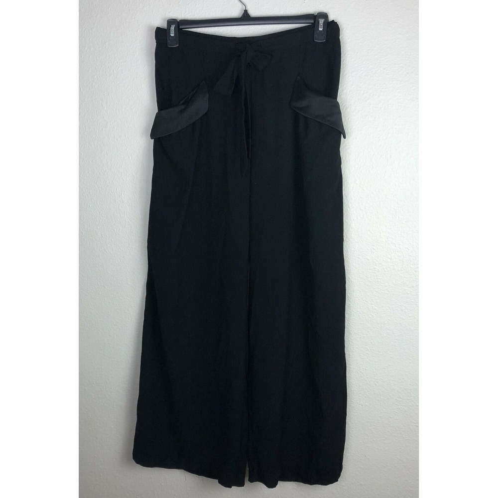 Max Studio Women's Wide Leg Sailor Pants Black Pockets Tie Knot Satin Trim M New